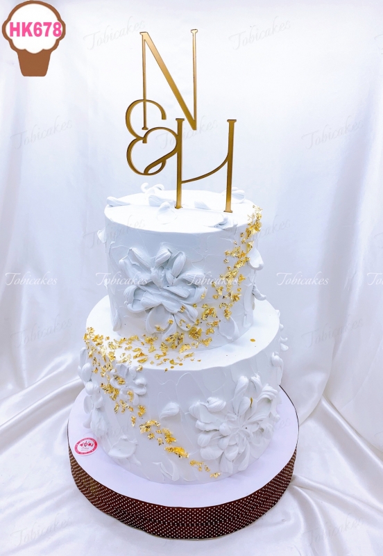 HK678 - BÁNH SINH NHẬT, BÁNH CƯỚI CƯỚI 2 TẦNG TONE TRẮNG ĐIỂM NHŨ VÀNG TRANG TRỌNG LỊCH SỰ