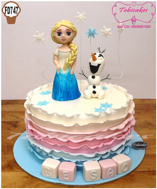 BÁNH SINH NHẬT TẠO HÌNH ELSA VÀ OLAF GAM MÀU XANH HỒNG
