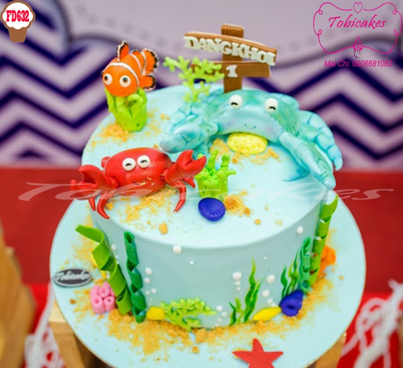 BÁNH SINH NHẬT TRANG TRÍ CHỦ ĐỀ ĐẠI DƯƠNG CÓ BÉ CUA
