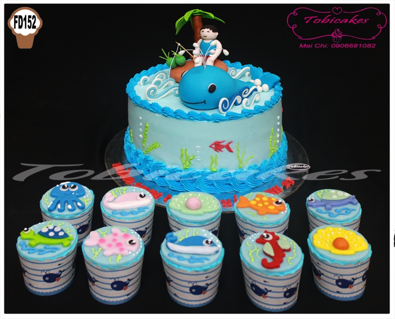 BÁNH SINH NHẬT TẠO HÌNH CẬU BÉ CÂU CÁ VÀ CÁ VOI XANH + CUPCAKES 2D